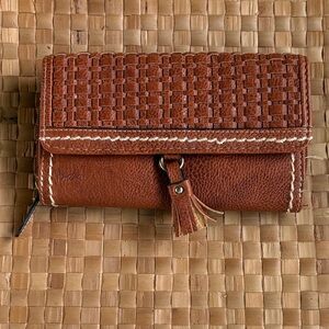boc Brown Woven Leather Tassel Zip Wallet